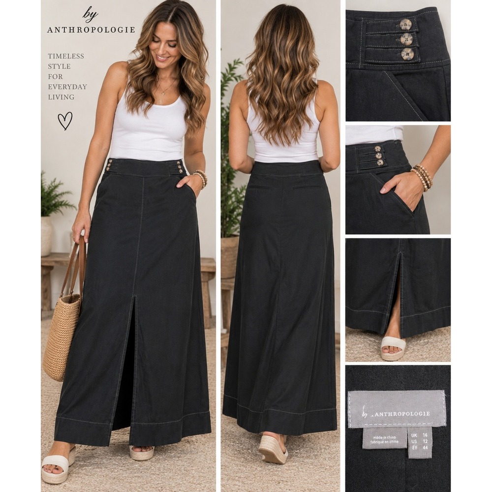 Anthropologie Maxi Skirt Black Contrast Stitch Button Detail Casual Size 12